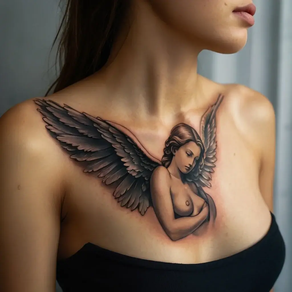 Chest tattoo of a serene angel with detailed wings spread across shoulders, symbolizing protection and peace.