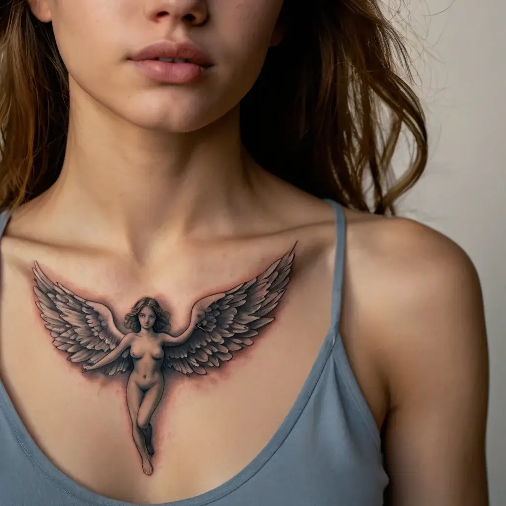 Tattoo of a winged feminine figure on chest, surrounded by detailed, shaded wings, symbolizing freedom and spirituality.