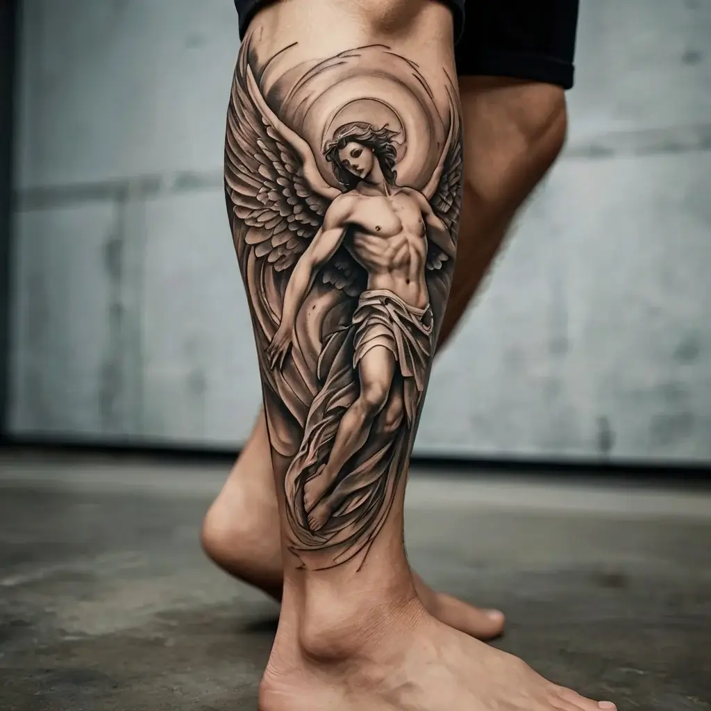 Realistic angel tattoo on the calf, depicting a powerful figure with wings and a halo, shaded in grayscale.