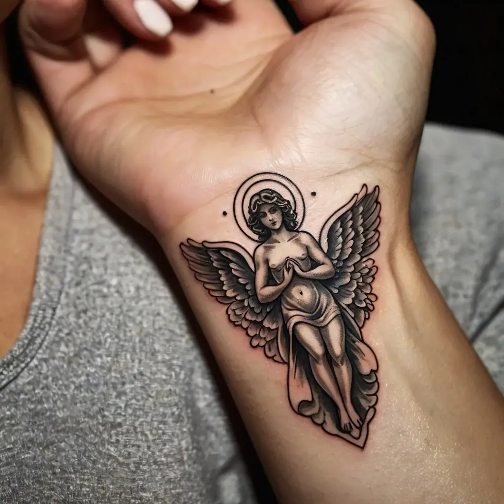 Realistic angel tattoo on wrist, featuring detailed wings and a halo, with soft shading for depth and serenity.