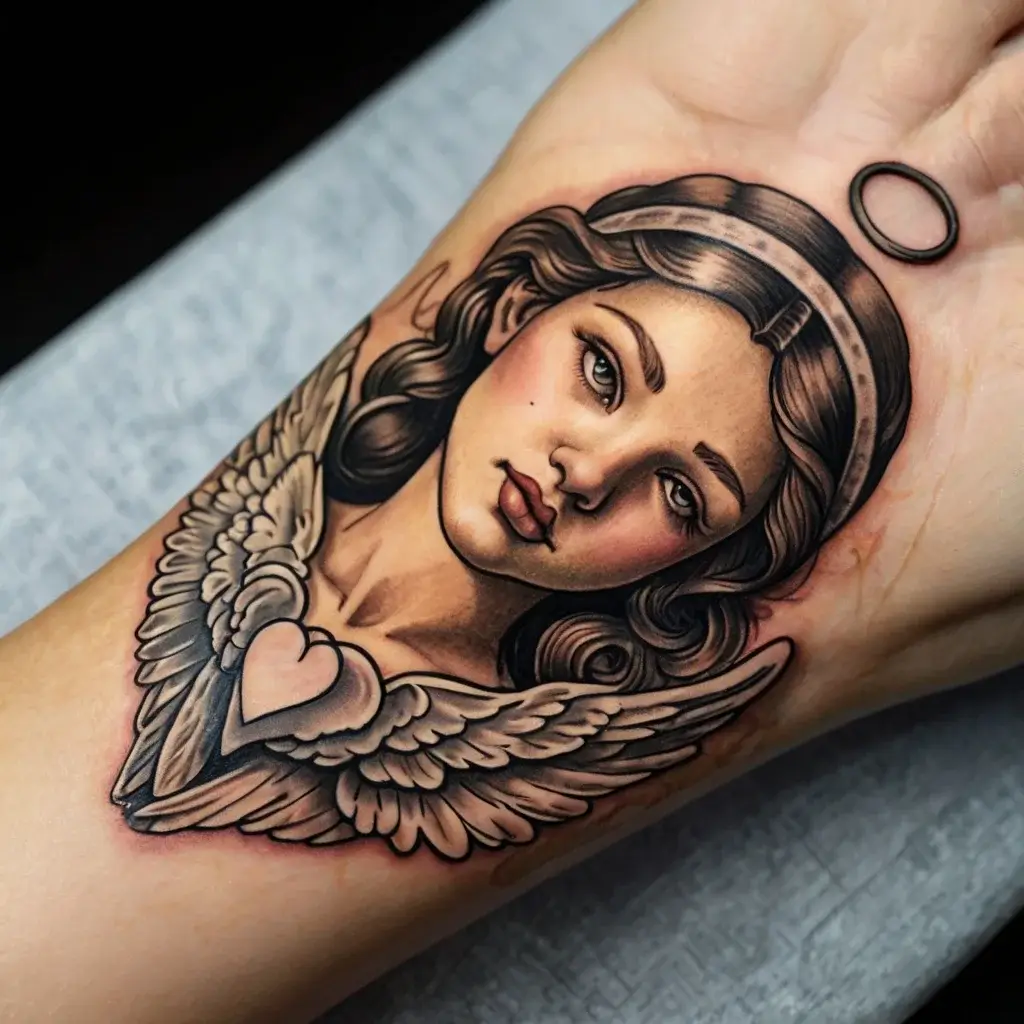 Tattoo of an angelic figure with a calm expression, halo, and detailed wings around a heart, symbolizing protection.