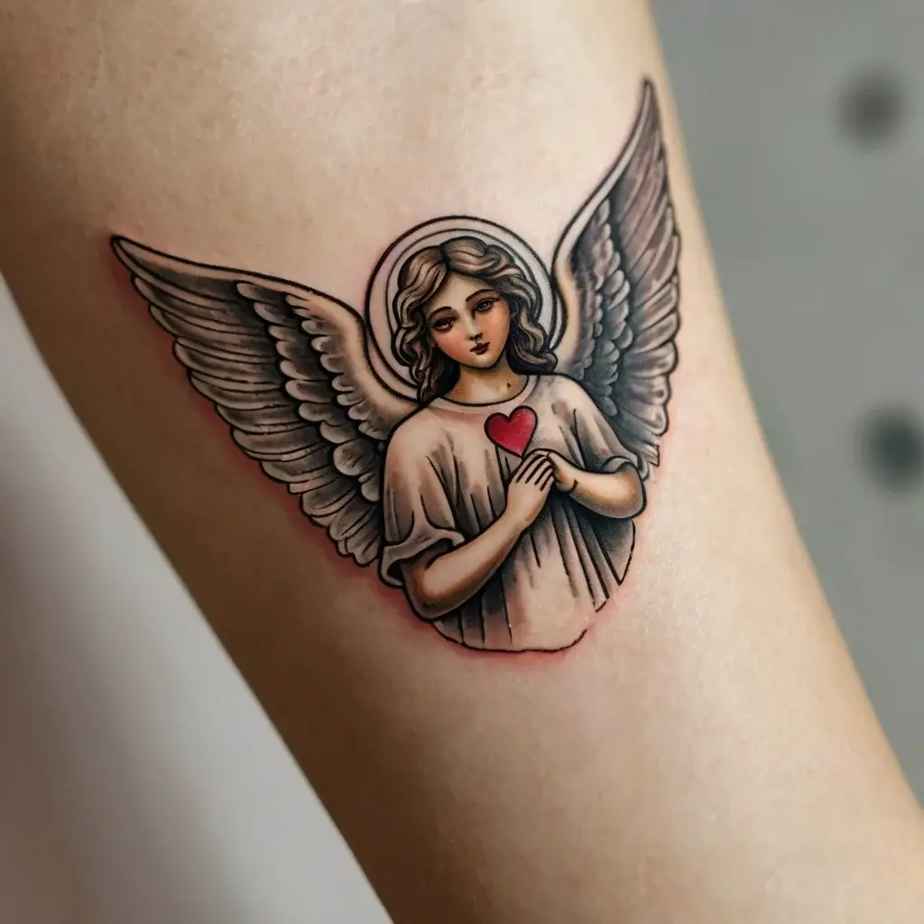 Tattoo of a serene angel with detailed wings, holding a red heart, symbolizing protection and love.