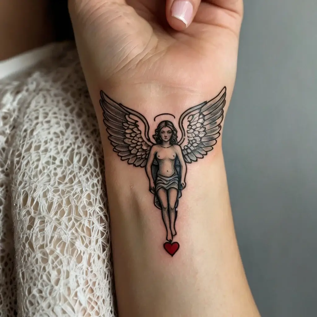 Tattoo of an angel with detailed wings and halo, standing over a red heart, symbolizing love and protection.