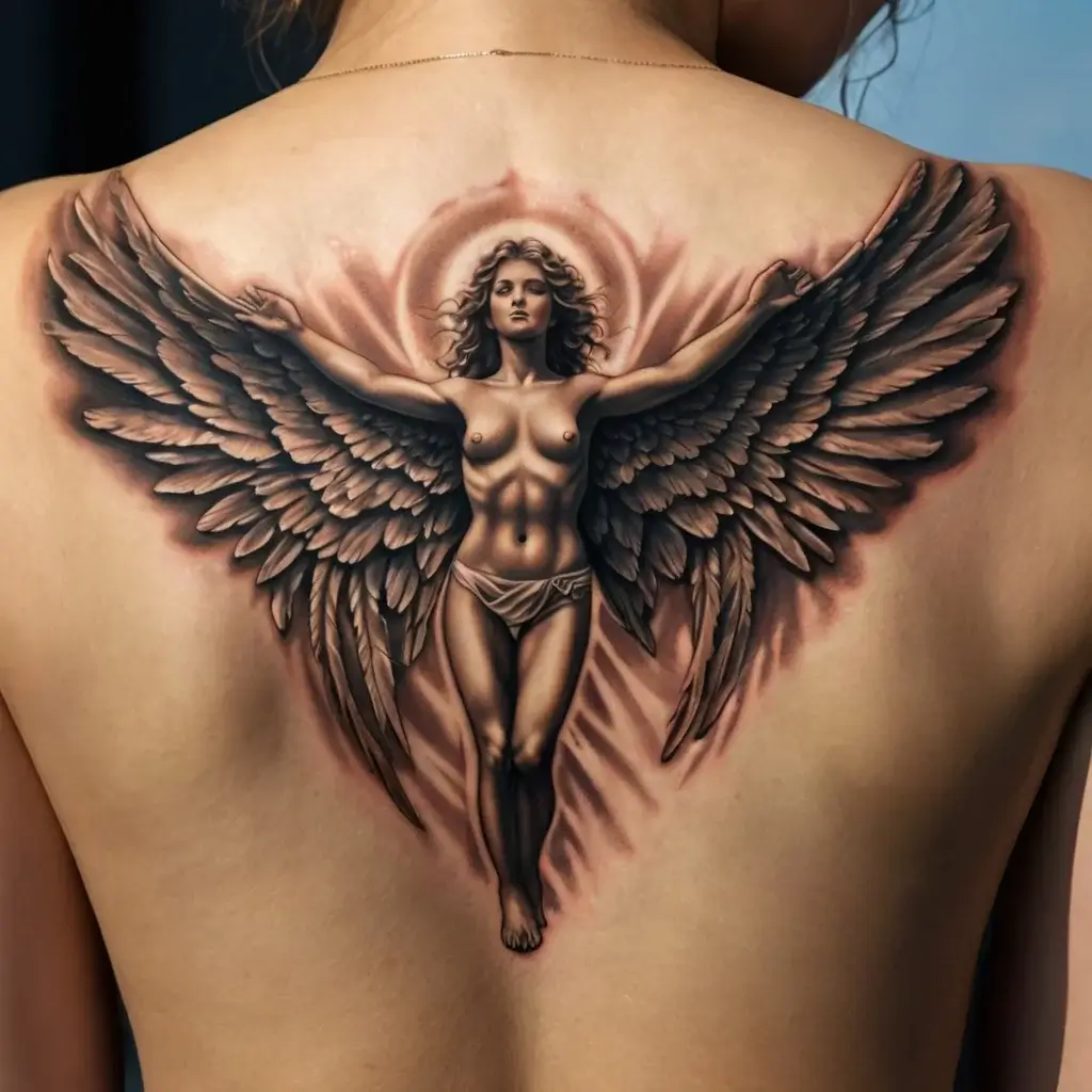 Detailed back tattoo of a powerful angelic figure with outstretched wings, symbolizing strength and freedom.