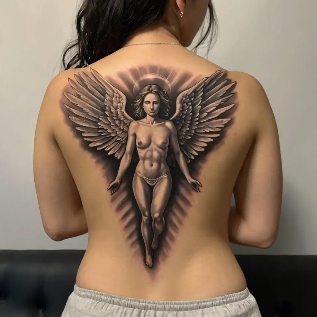 Tattoo of a detailed angel with wings and halo on back, showcasing intricate shading and bold three-dimensional effect.