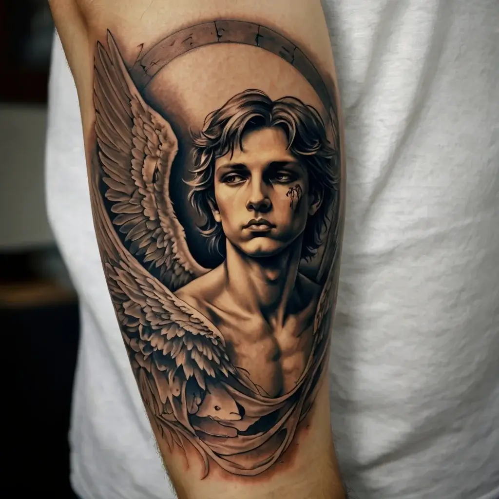 Tattoo of a realistic angel with detailed wings and piercing eyes, encircled by a halo on the upper arm.