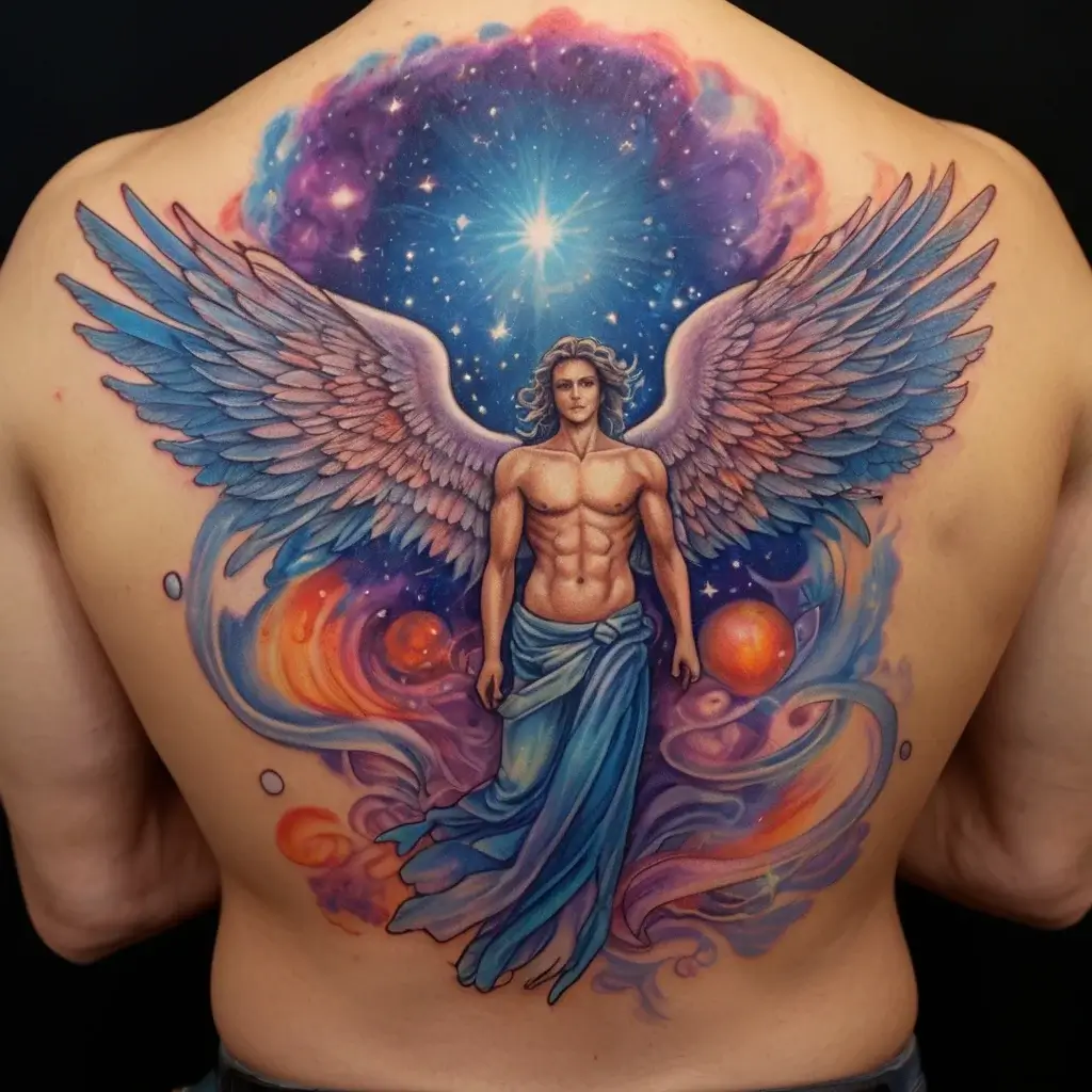 Tattoo depicts an ethereal angel with outstretched wings, cosmic background, and a glowing star overhead.