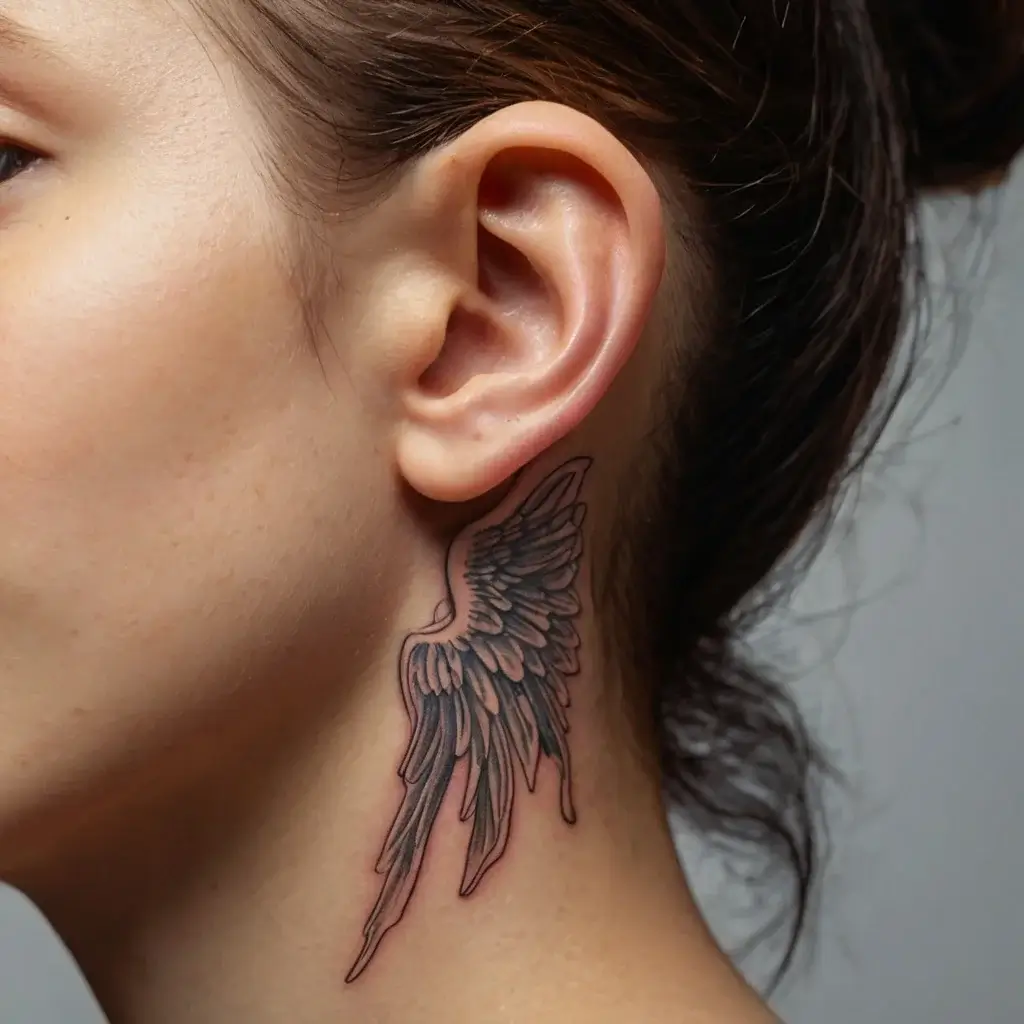 Elegant angel wing tattoo behind the ear, showcasing fine line work and shading for a graceful, ethereal look.