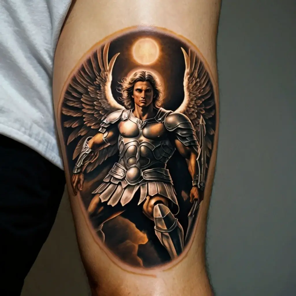 Tattoo of a winged warrior angel in armor with a glowing halo, depicted in detailed, realistic shading on the arm.