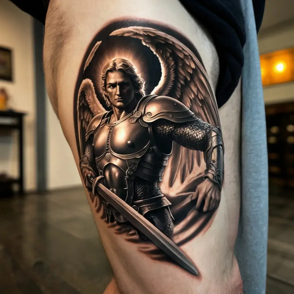 Realistic tattoo of an armored angel with wings, holding a sword, showcasing detailed shading and highlights.