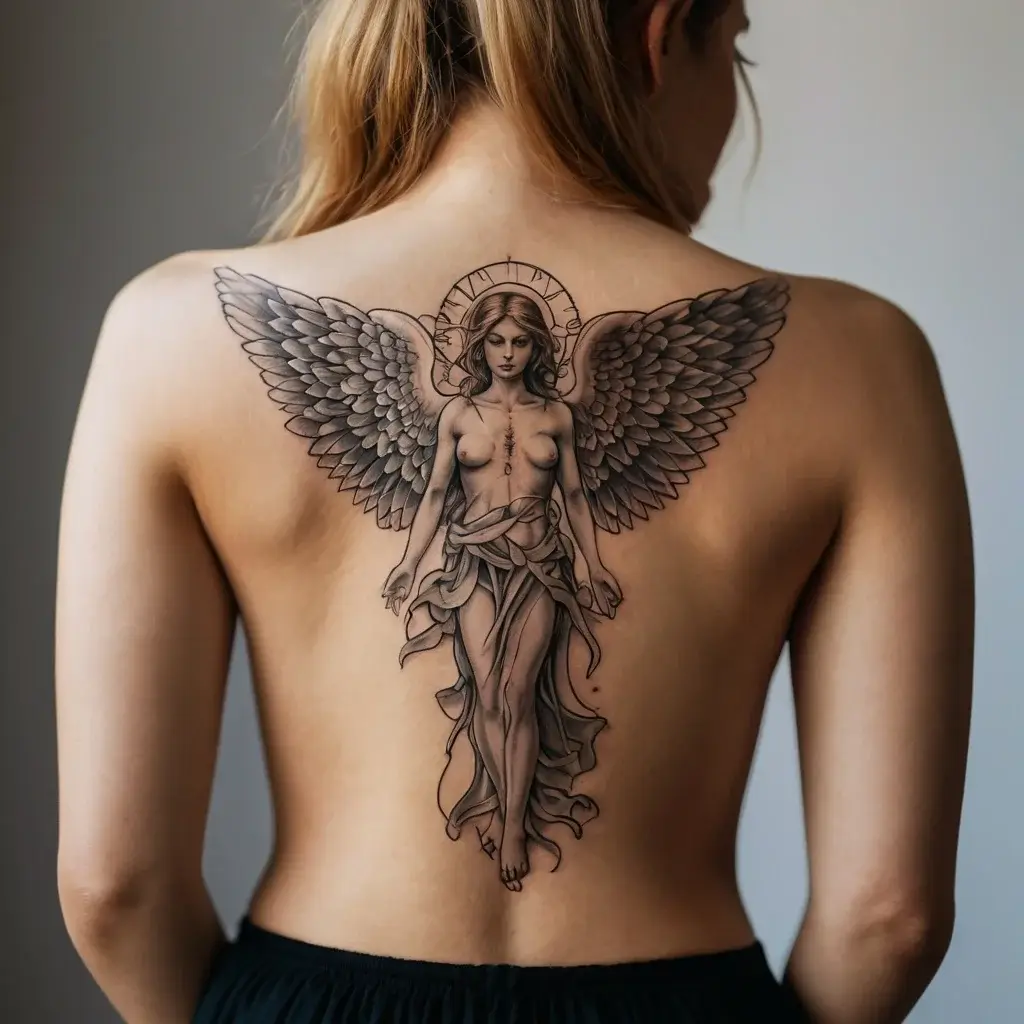 Detailed back tattoo of an angel with expansive wings and a serene expression, adorned with a halo and flowing robes.