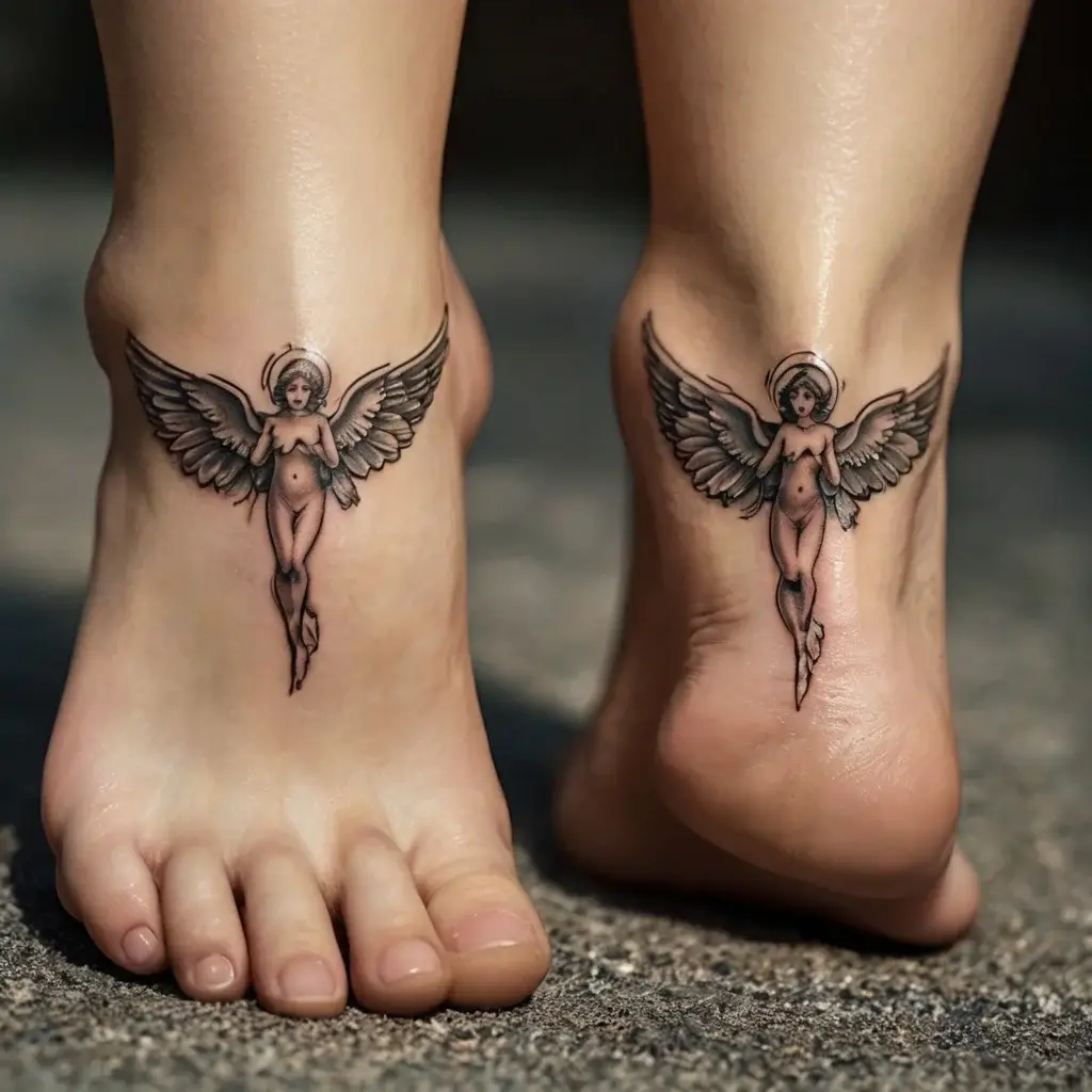 Tattoo of a detailed angel with wings and a halo on each ankle, symbolizing protection and spirituality.