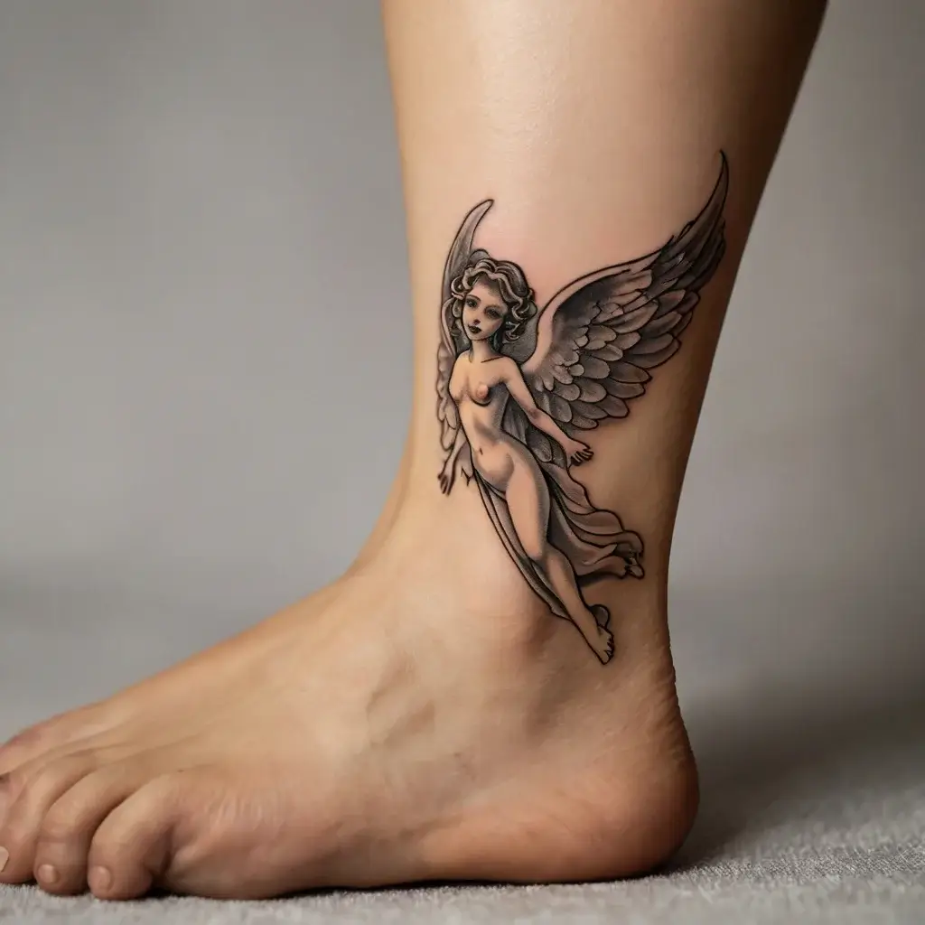 A detailed black and gray tattoo of a cherubic angel with wings, depicted on the ankle, showcasing fine shading and lines.