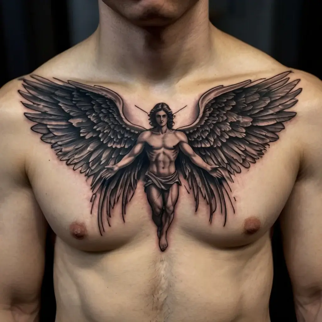 Chest tattoo of a detailed, realistic angel with outstretched wings, centered on the sternum, showcasing intricate shading.