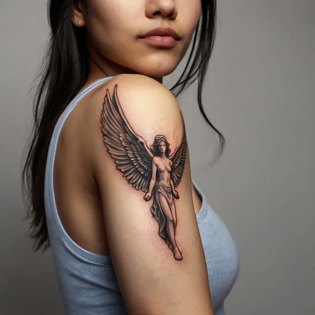 Detailed black-and-gray angel tattoo on the upper arm, featuring realistic shading and outstretched wings.