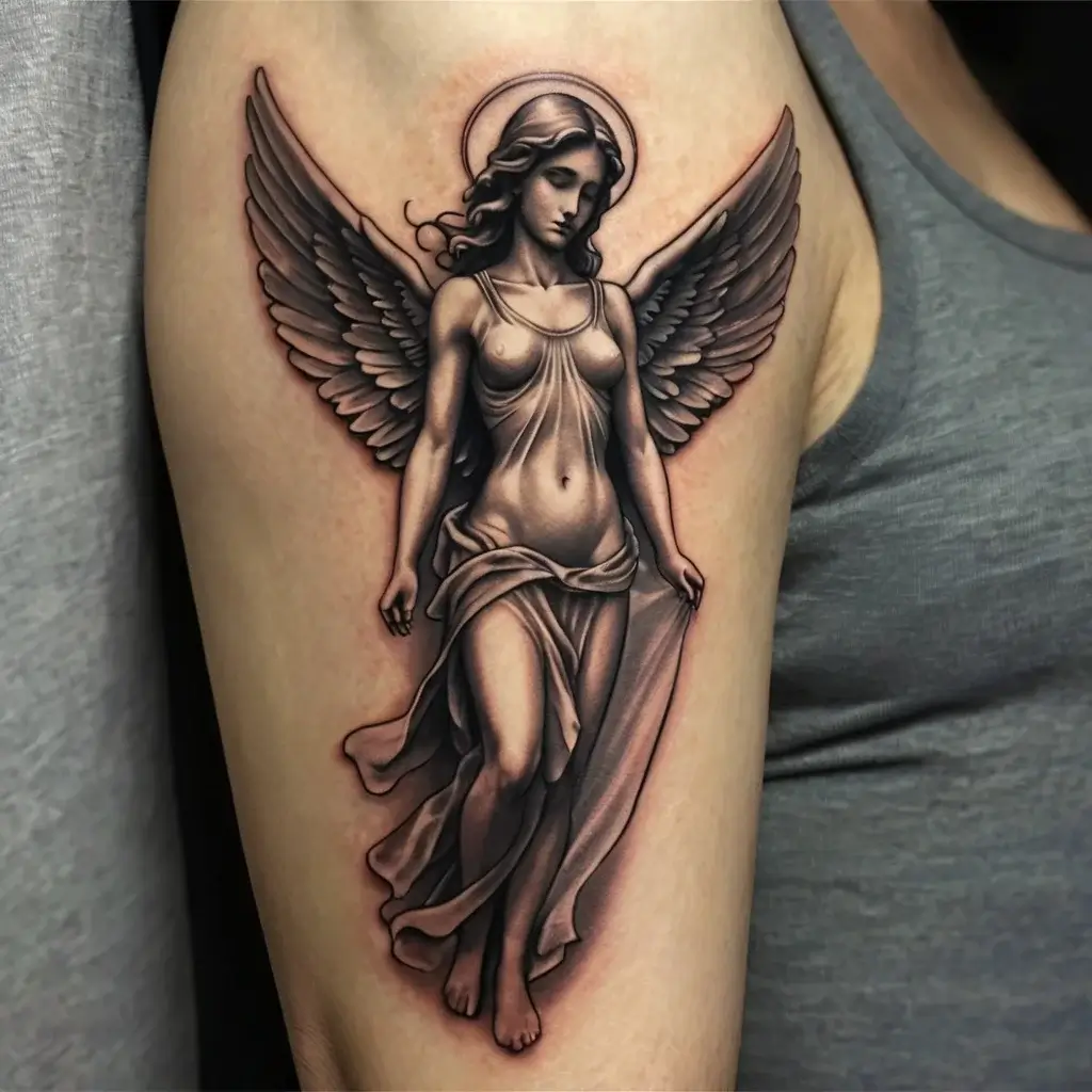 Realistic angel tattoo with detailed wings and flowing robes, embodying grace and spirituality on the upper arm.