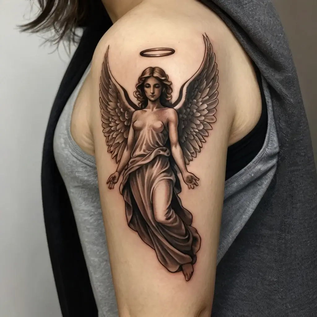 Tattoo of an angel with flowing robes and detailed wings, halo above head, on the upper arm in monochrome shading.