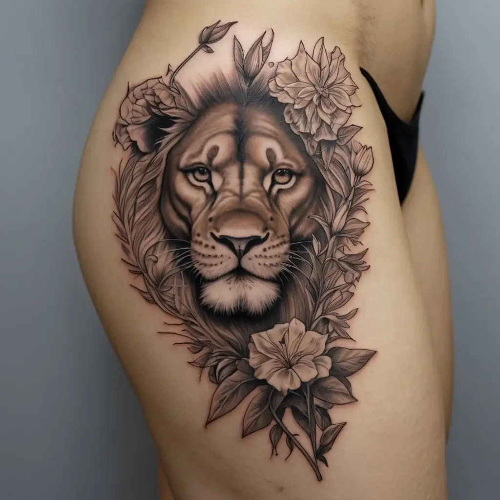 loin and flower tattoo (11)