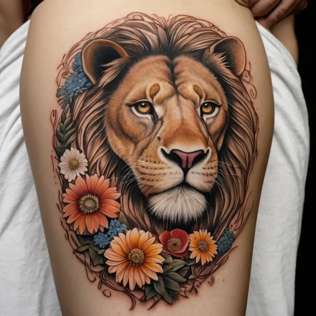 loin and flower tattoo (21)