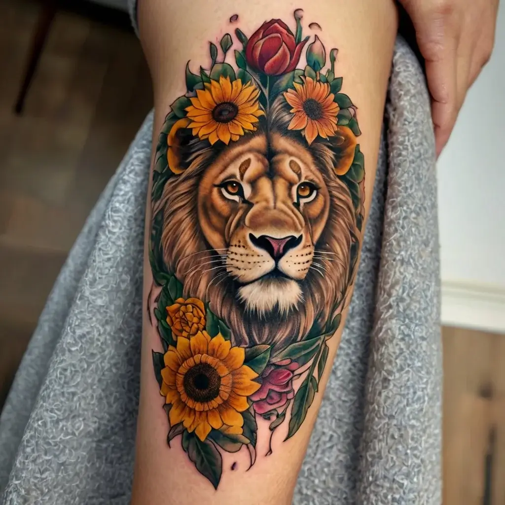 loin and flower tattoo (27)