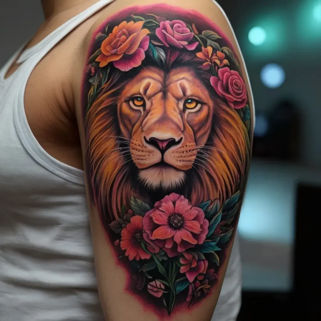 loin and flower tattoo (3)