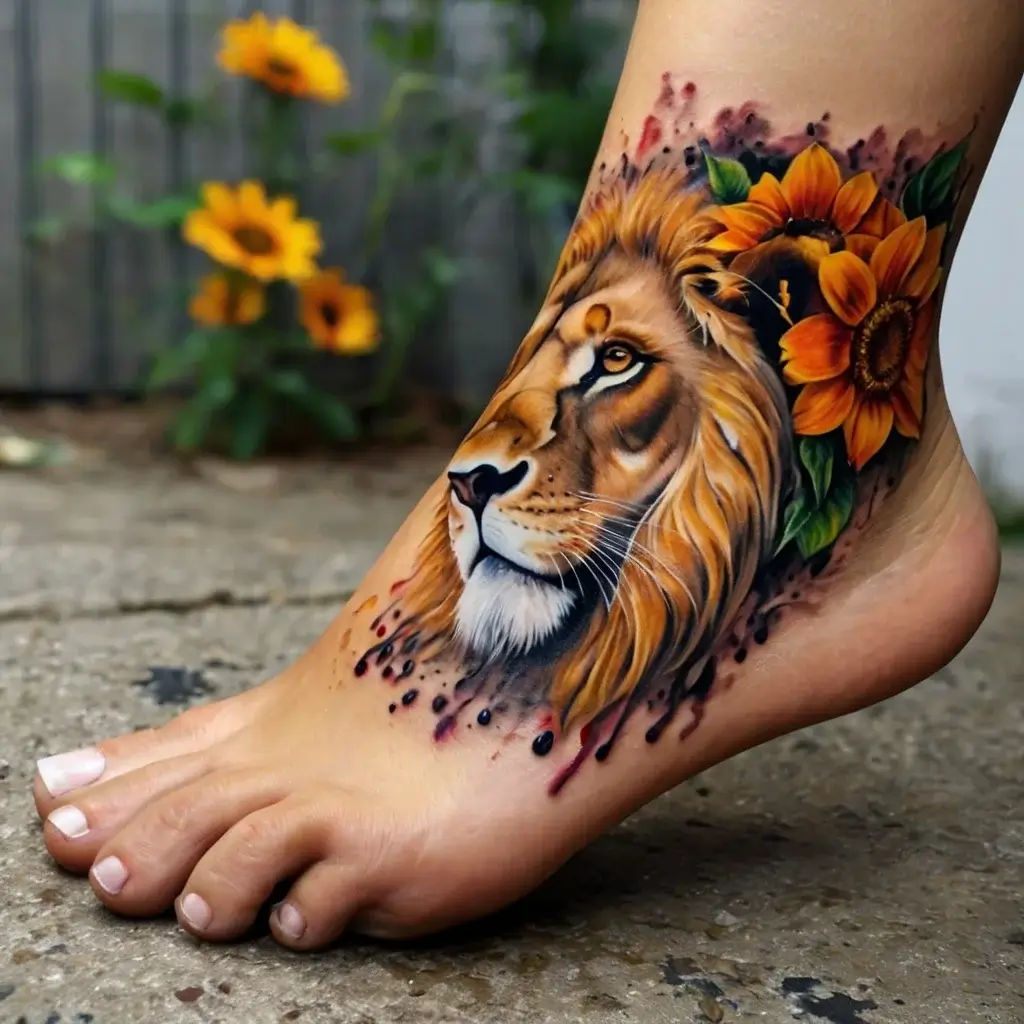 loin and flower tattoo (4)