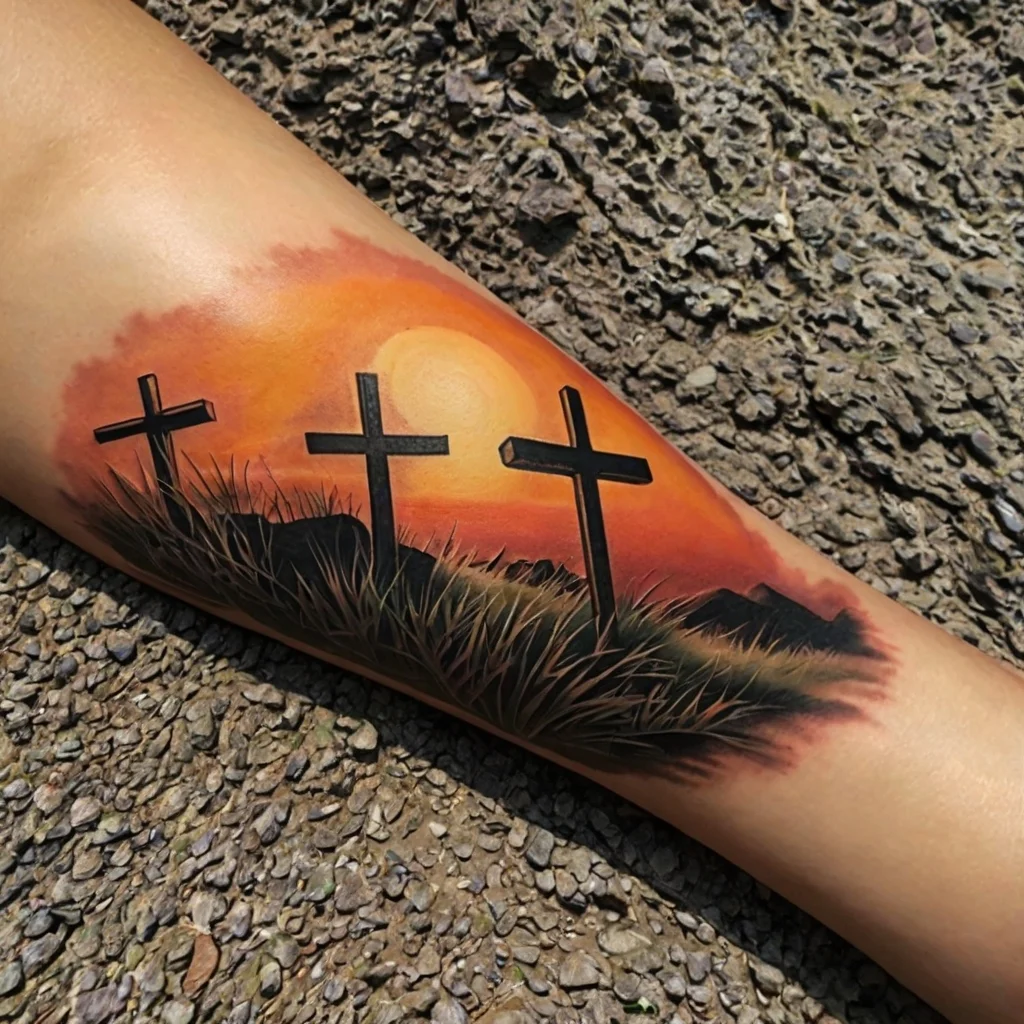 three crosses on a hill tattoo (1)