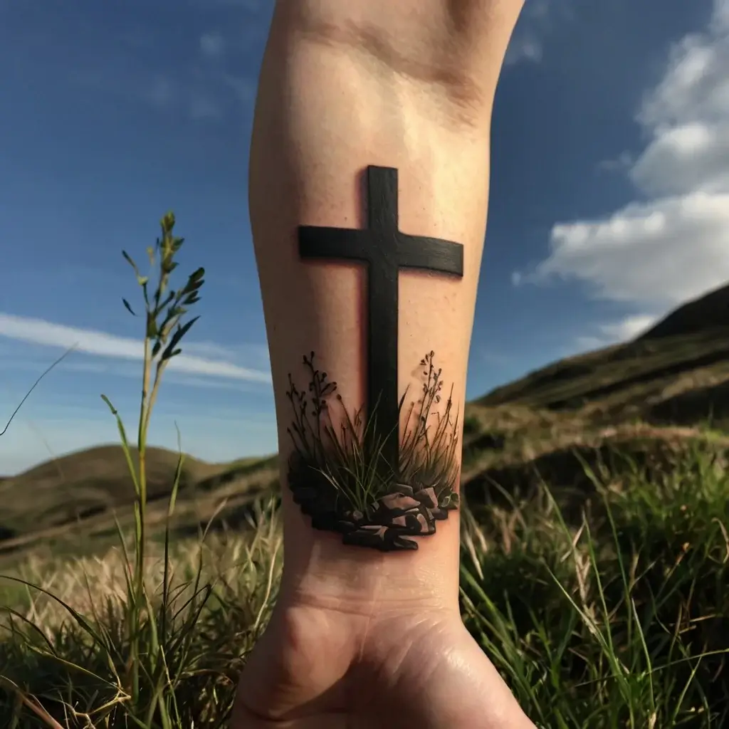 three crosses on a hill tattoo (10)