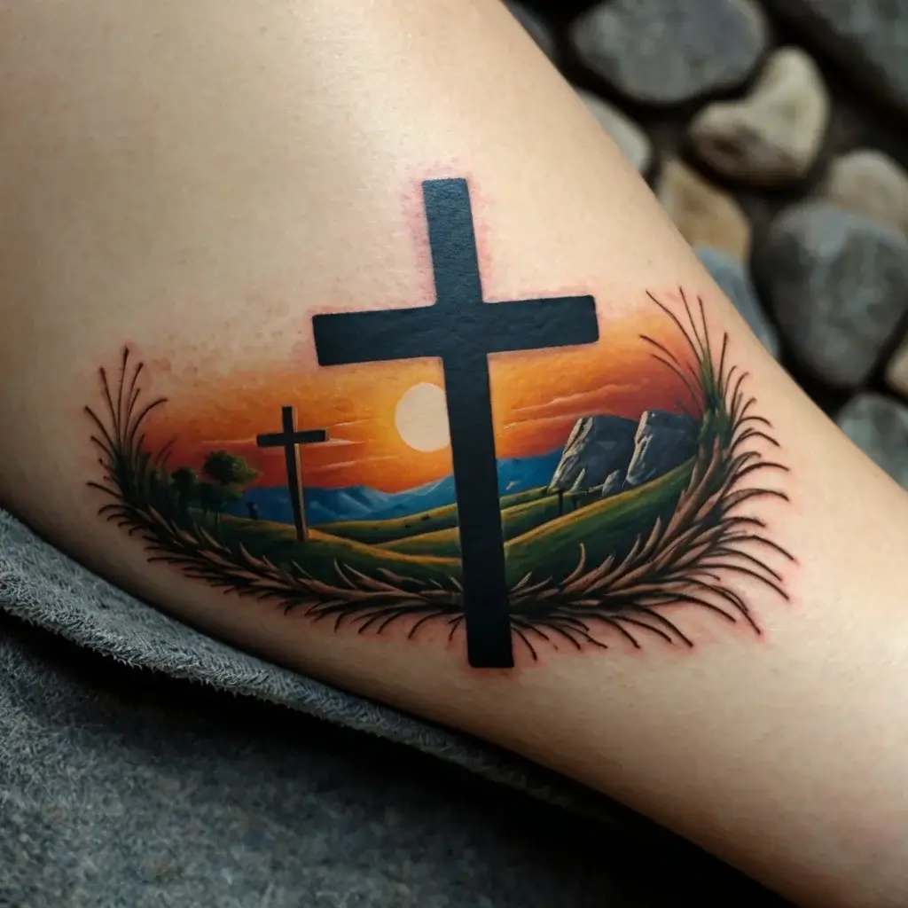 three crosses on a hill tattoo (11)