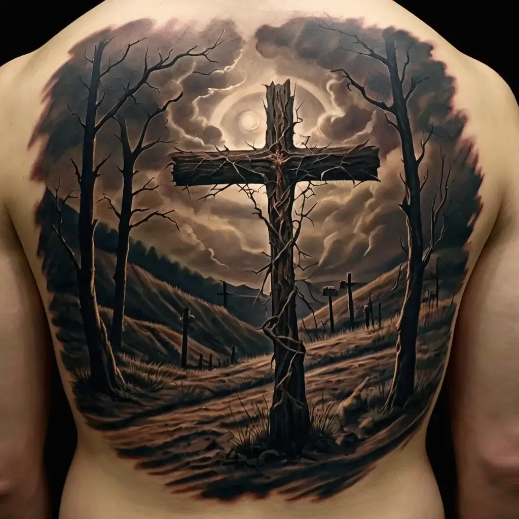 three crosses on a hill tattoo (12)