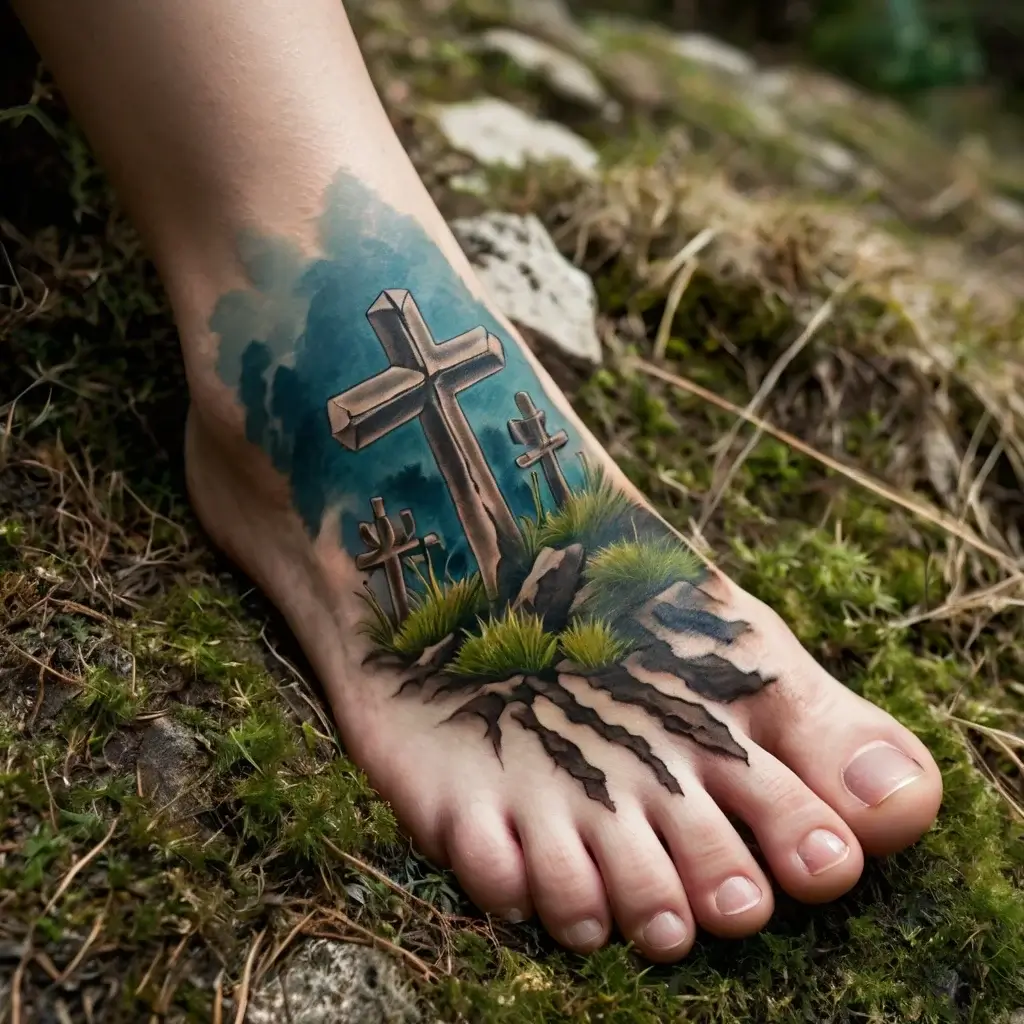 three crosses on a hill tattoo (15)