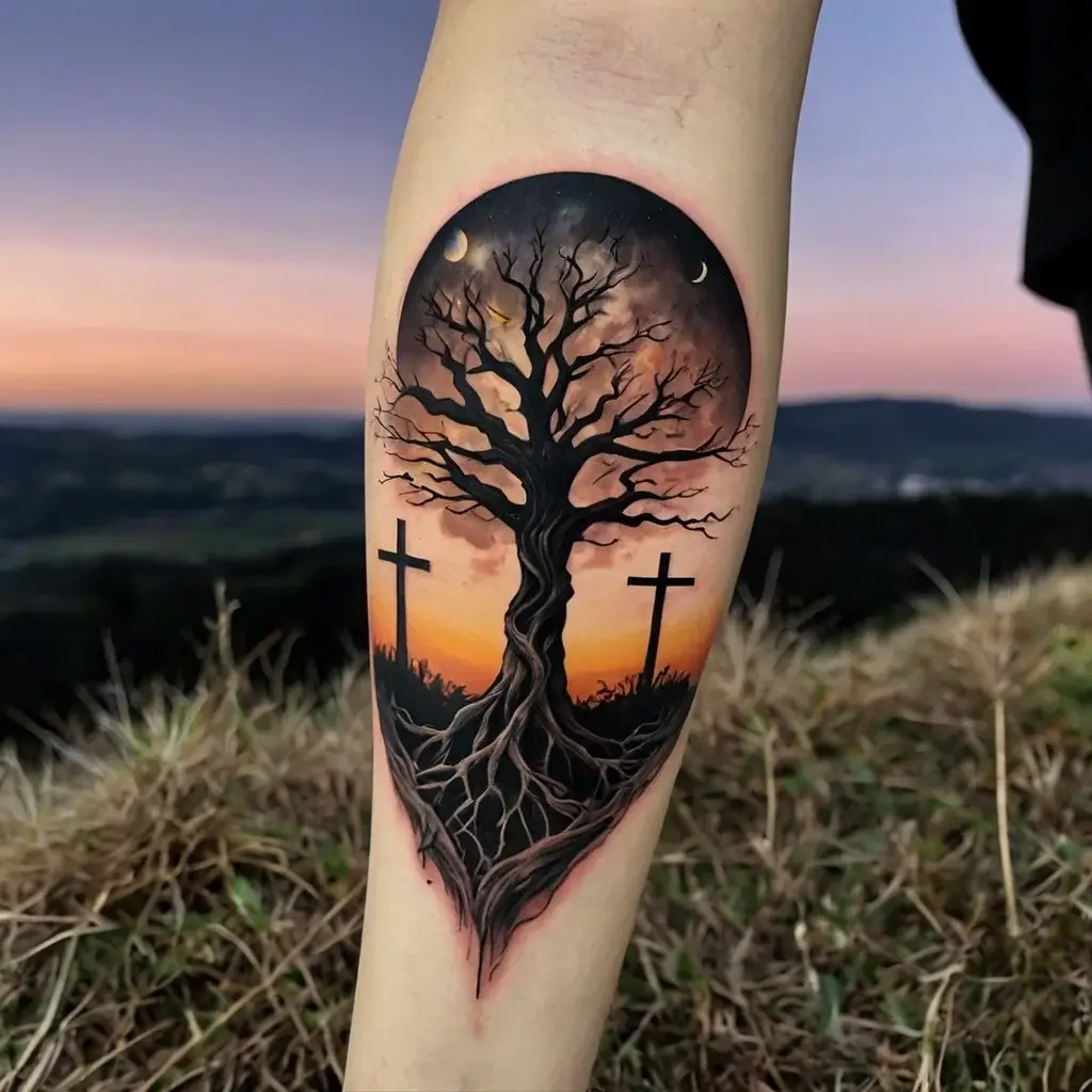 three crosses on a hill tattoo (16)