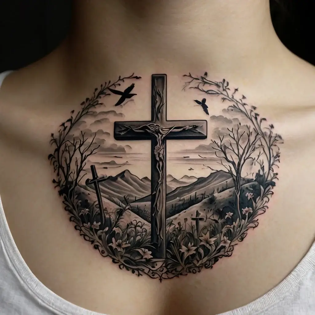 three crosses on a hill tattoo (17)