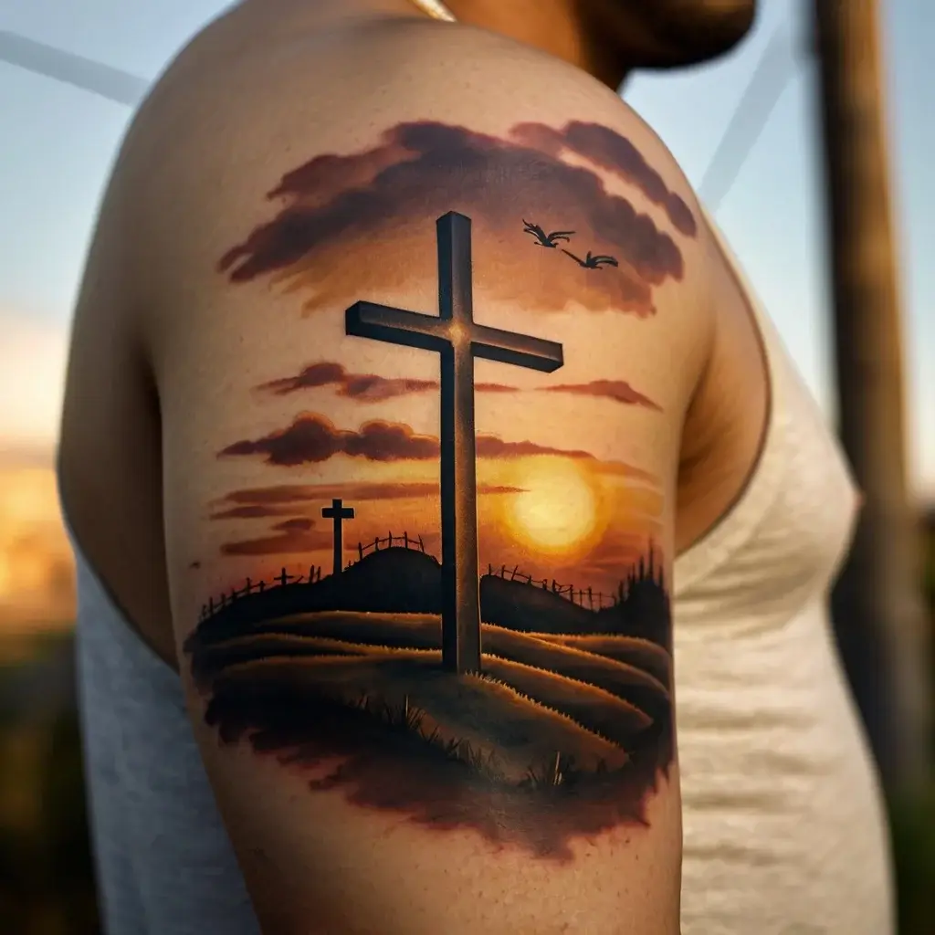 three crosses on a hill tattoo (2)