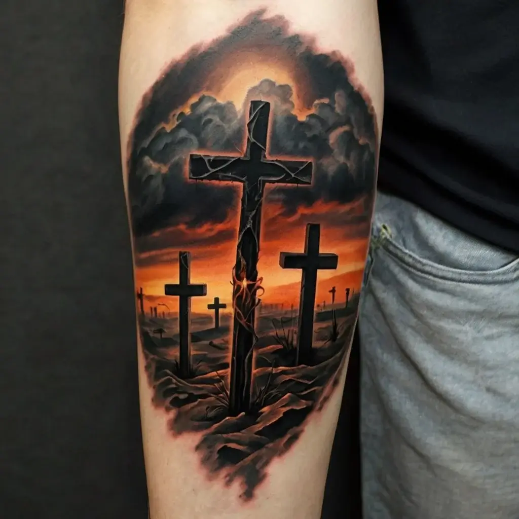 three crosses on a hill tattoo (21)