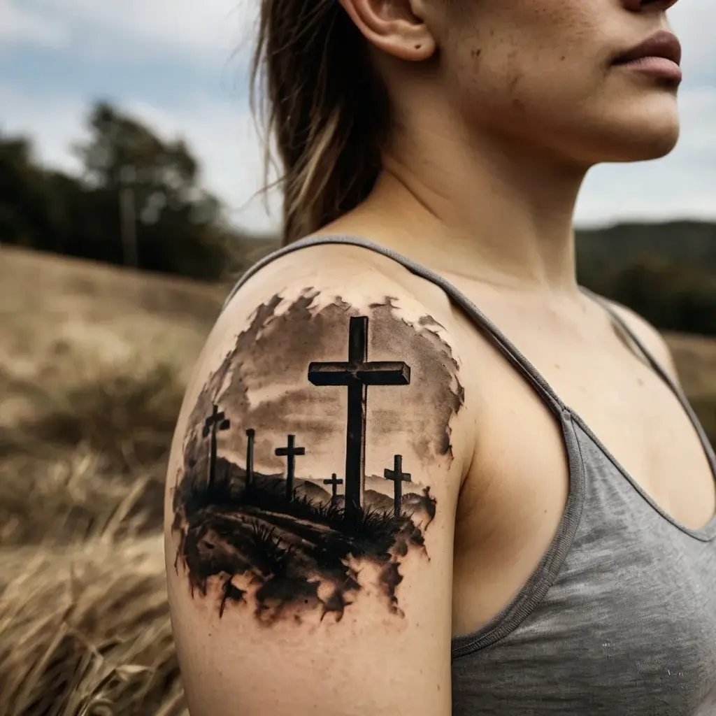 three crosses on a hill tattoo (32)