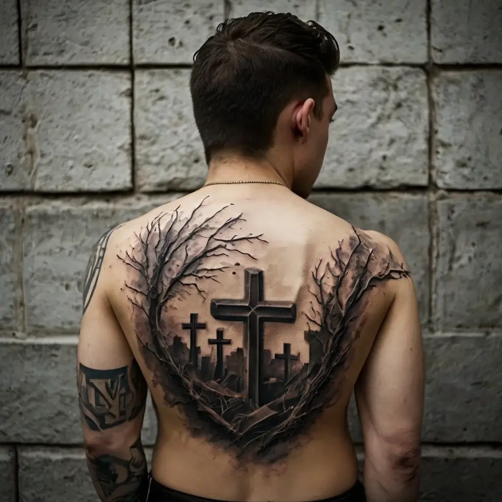 three crosses on a hill tattoo (36)