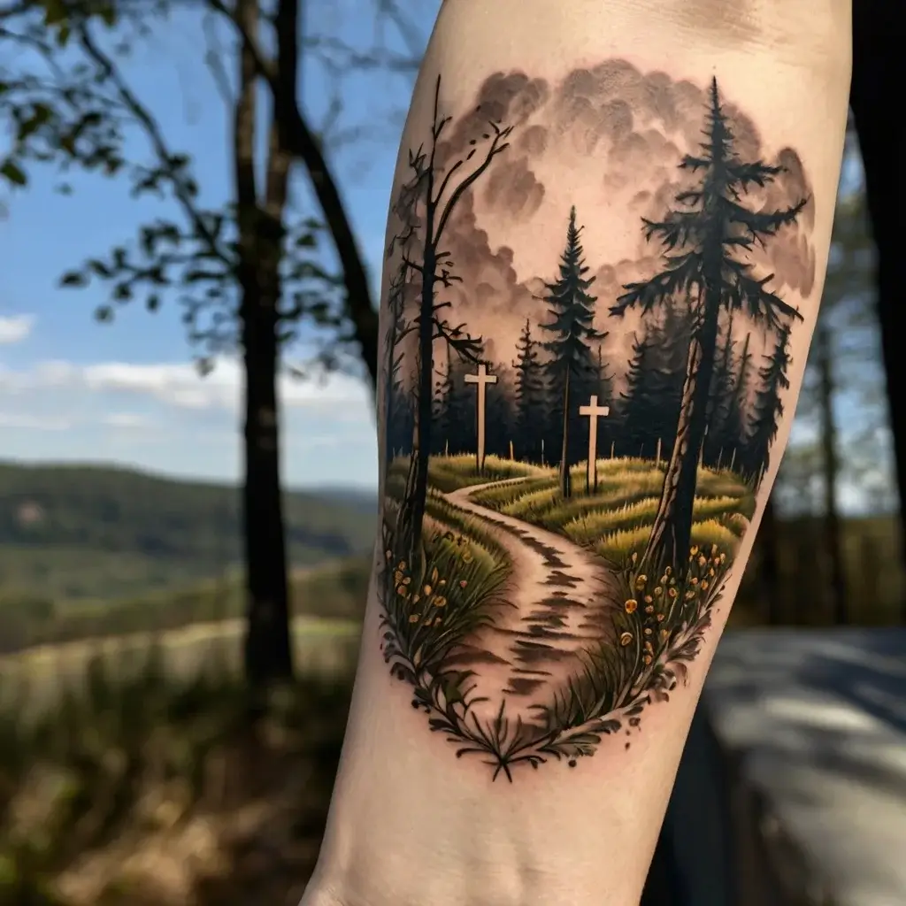 three crosses on a hill tattoo (37)