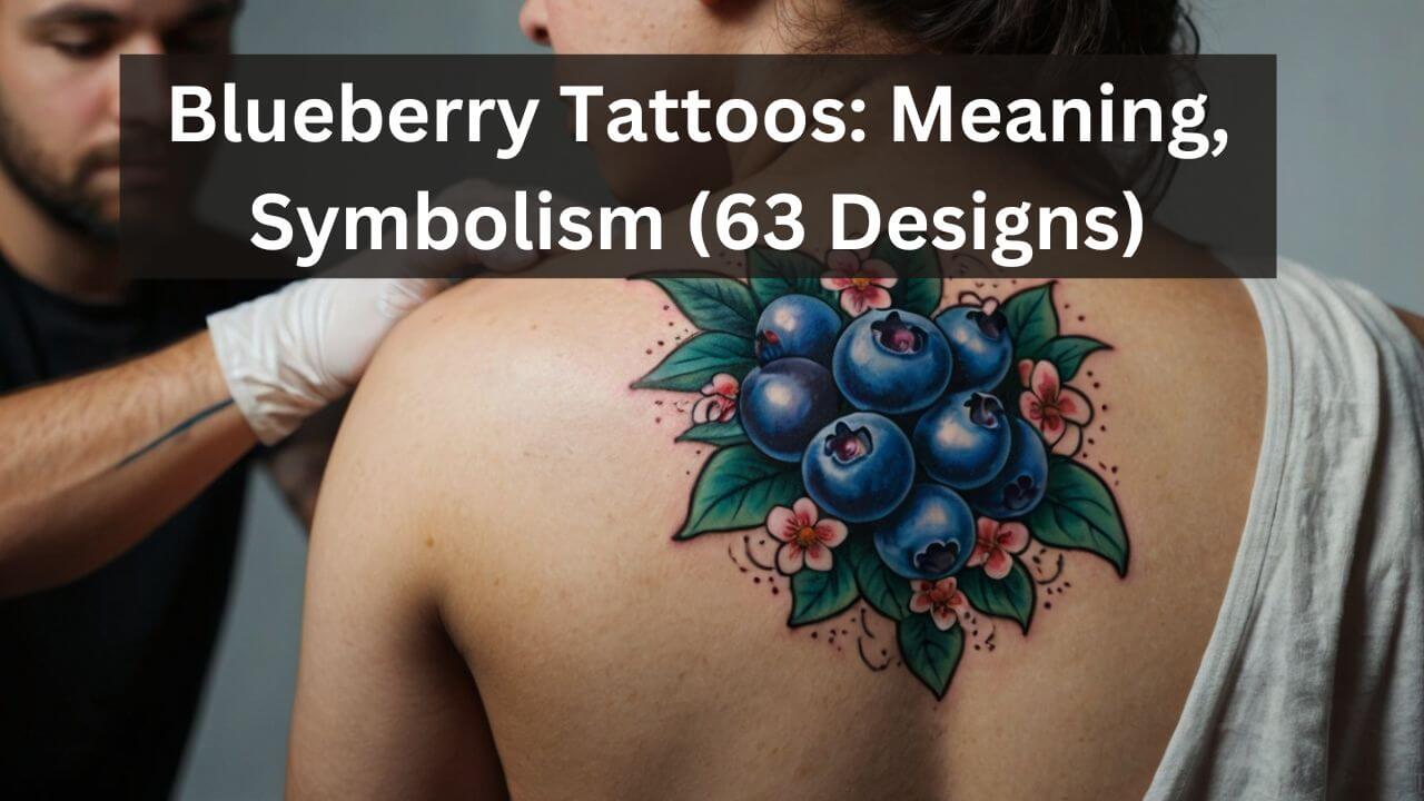 Tattoo of vibrant blueberries with green leaves and pink flowers on shoulder, symbolizing youth and vitality.