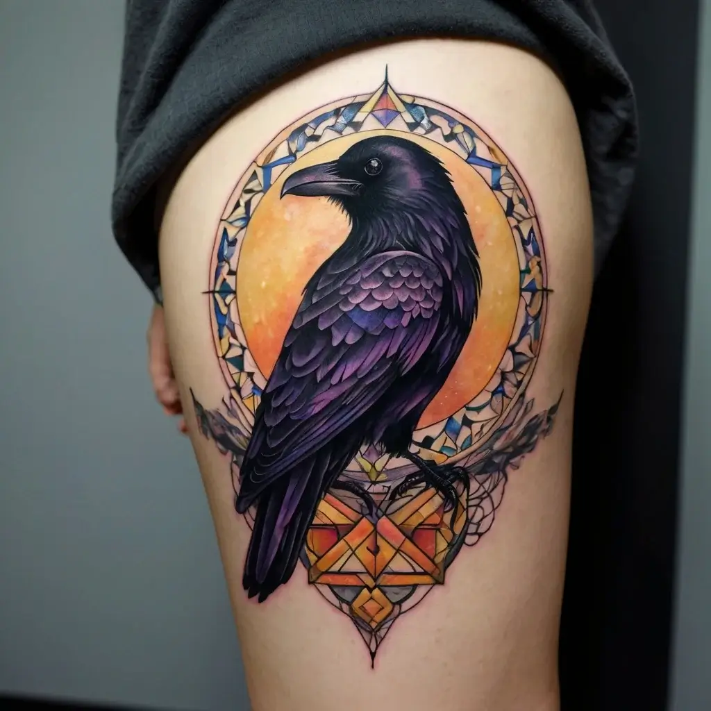 Tattoo of a raven with vibrant purple hues, perched amidst geometric patterns and a sunburst background on the thigh.