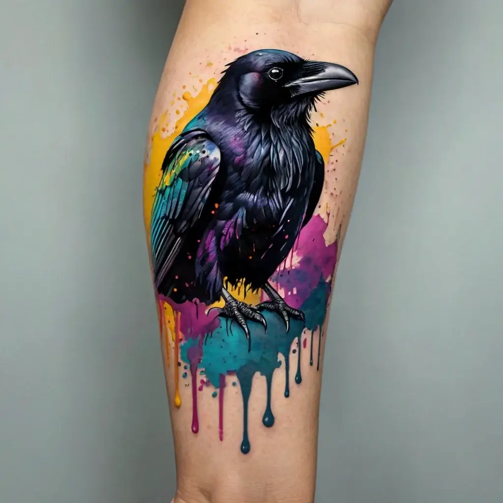 Vibrant raven tattoo with watercolor splashes of yellow, pink, and teal, showcasing bold, dynamic ink work.