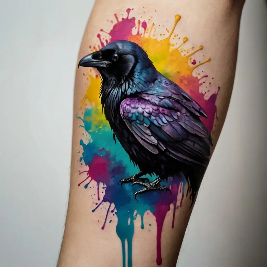 Tattoo of a detailed raven perched atop a vibrant watercolor splash, blending blues, purples, and yellows for a striking effect.