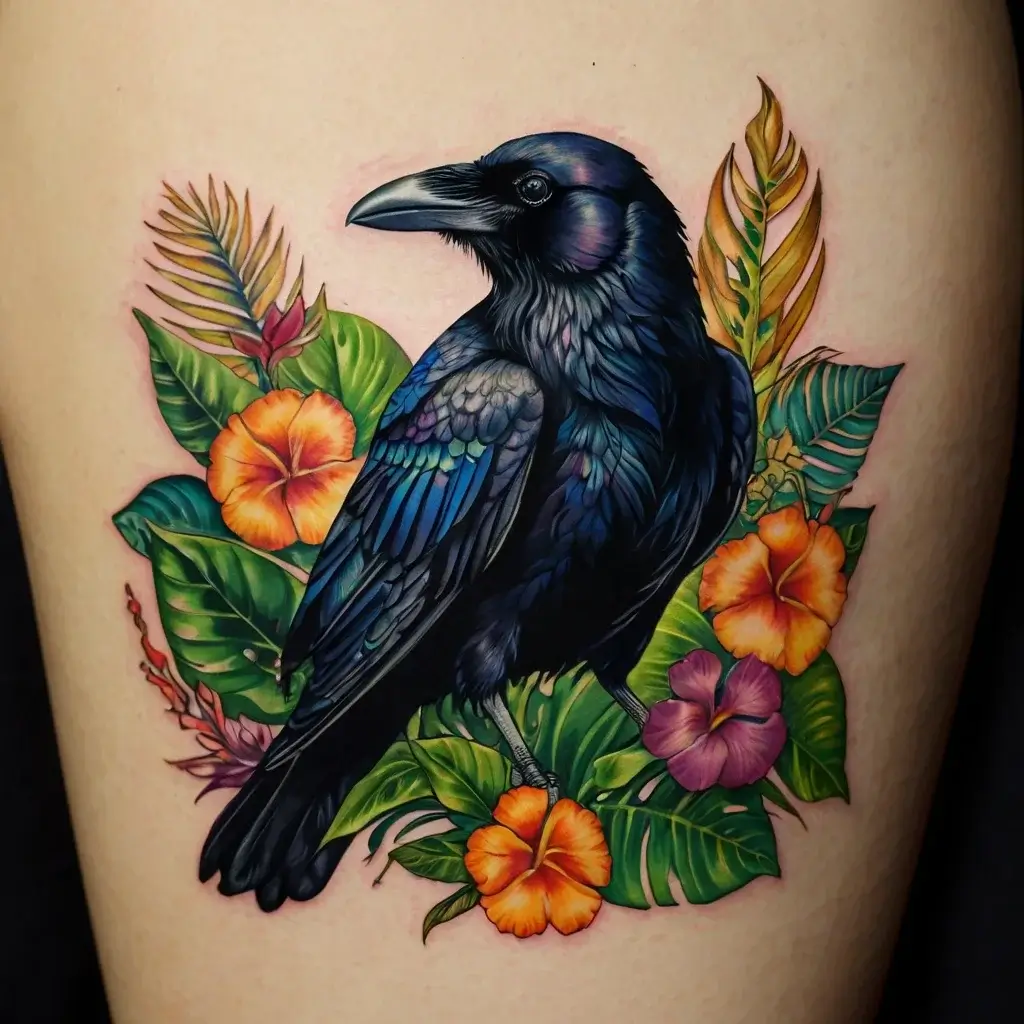 A vibrant tattoo of a black raven amidst colorful tropical flowers and lush green leaves, symbolizing mystery and life.