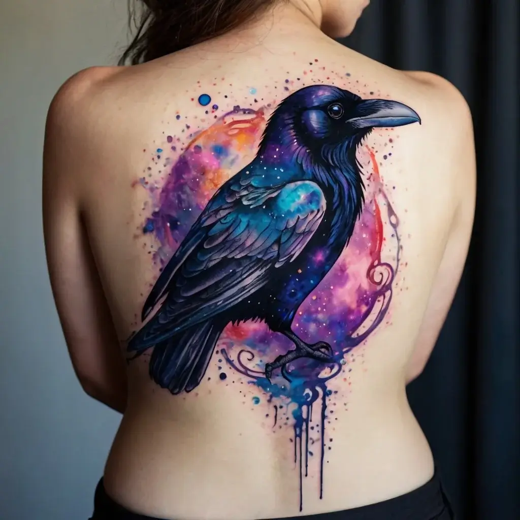 A vibrant watercolor raven tattoo on the back with a galaxy background in purple, pink, and blue hues, showing cosmic energy.