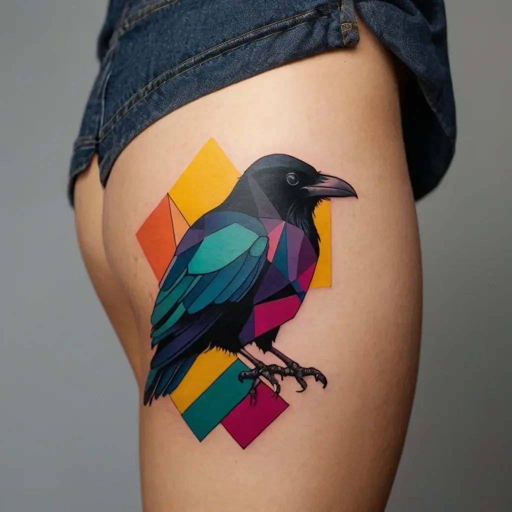 A vibrant raven tattoo with geometric shapes in blues, purples, and oranges, creating a modern, multi-dimensional effect.