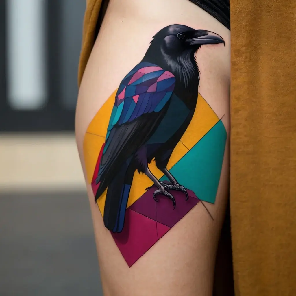 A vibrant raven tattoo features geometric shapes with bold colors, blending realism and abstract art on the upper arm.