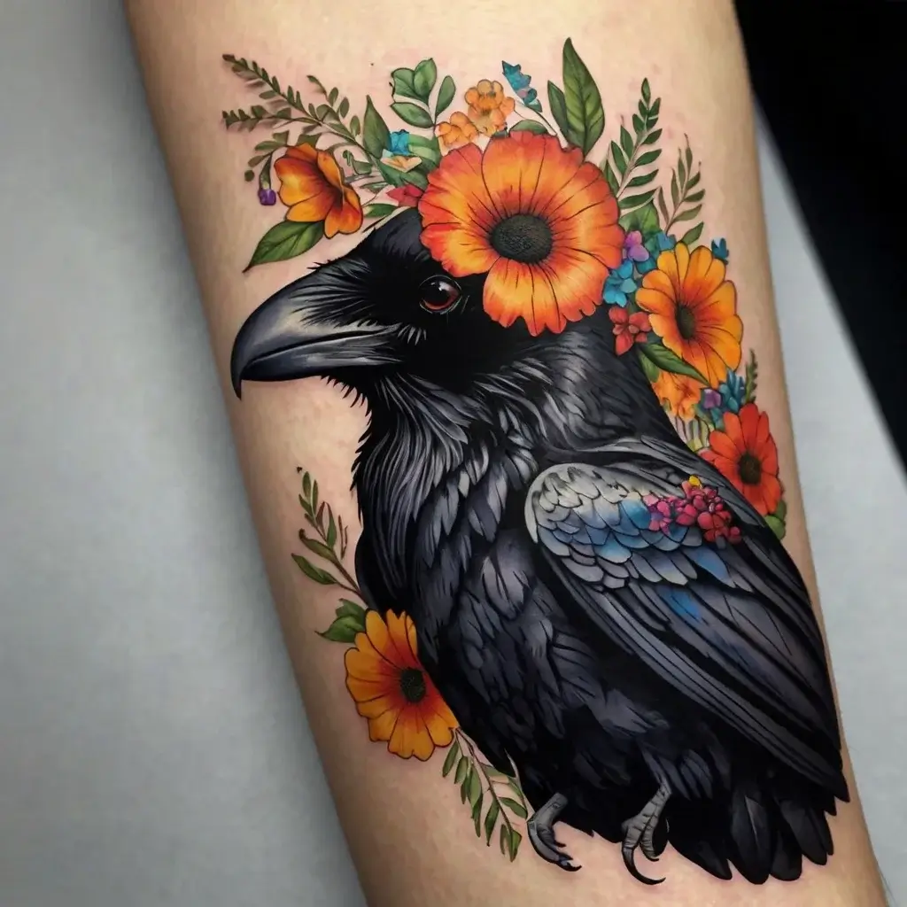 Tattoo of a detailed black raven surrounded by vibrant orange flowers and green foliage on the arm.