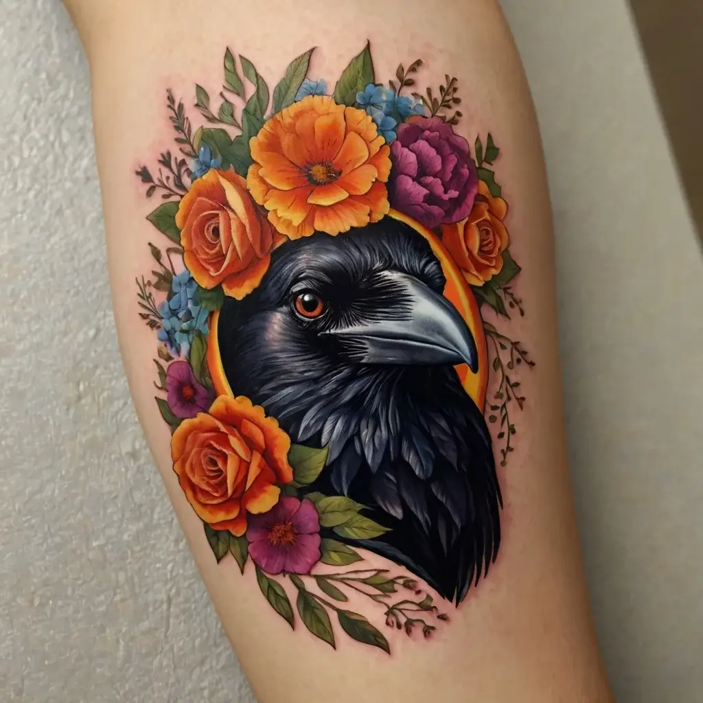 Intricate tattoo of a raven surrounded by vibrant flowers, including roses and marigolds, blending realism and vivid colors.