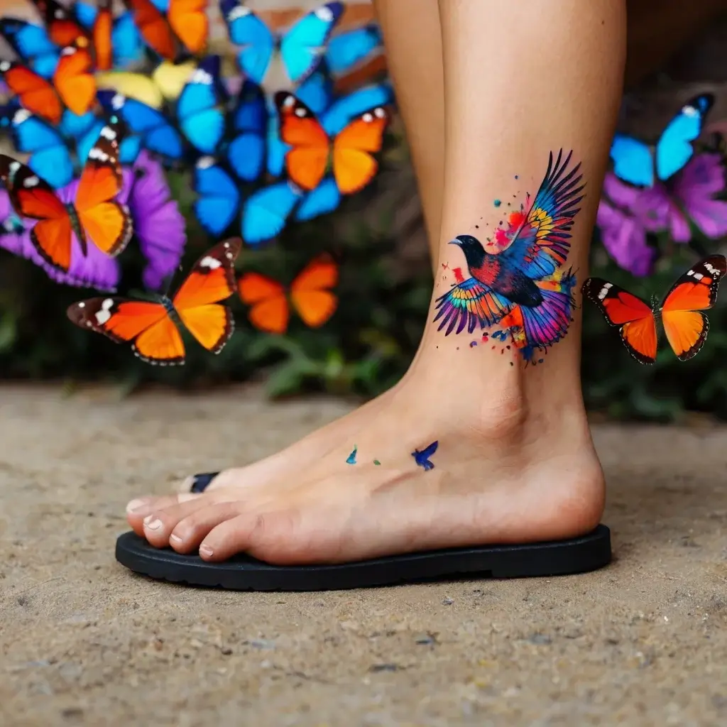 Tattoo of a vibrant, multi-colored bird in flight on ankle, surrounded by colorful butterflies, symbolizing freedom.