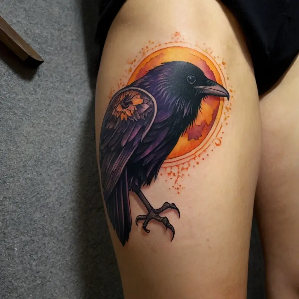 A vibrant crow tattoo with detailed shading, set against a fiery orange sun, symbolizing mystery and transformation.